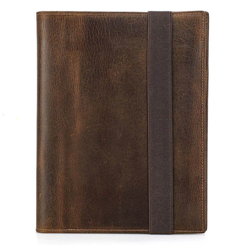 Brown Crazy Horse leather A5 notebook protective sleeve with square shape and socket-style design