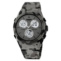 Men's and women's electronic casual watch with a black TPU strap and camouflage-pattern dial on a wrist.
