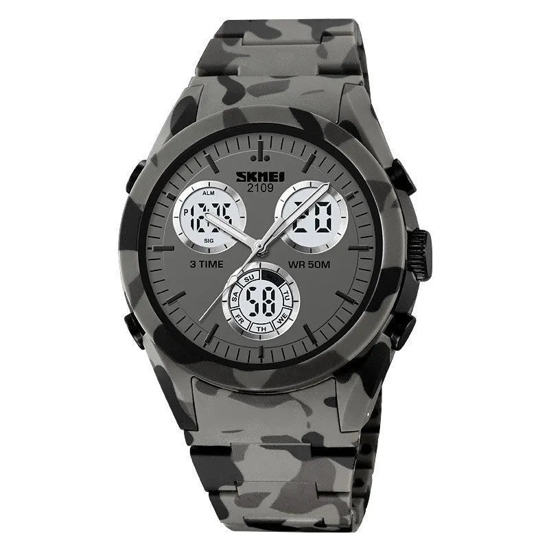 Men's and women's electronic casual watch with a black TPU strap and camouflage-pattern dial on a wrist.