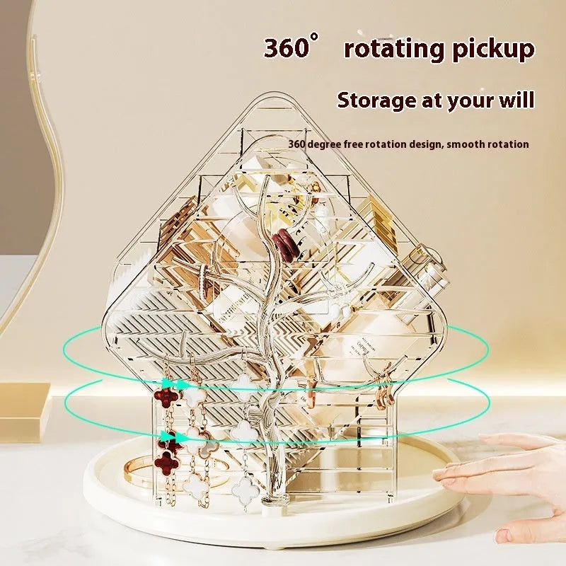 Rotating cosmetics storage box in clear or Amber Gold with 360° rotation mechanism