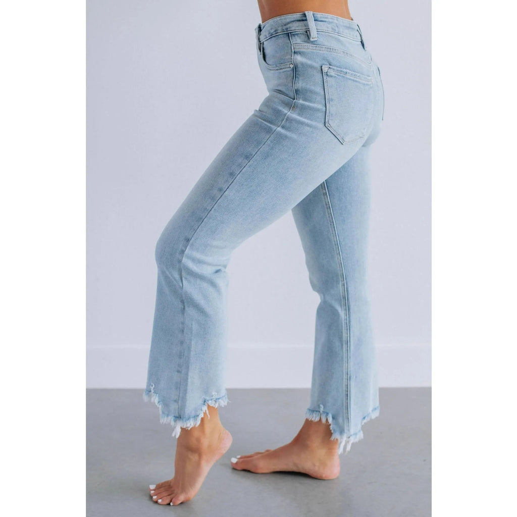 Women's solid colour casual denim jeans with hand-worn distressing in dark blue