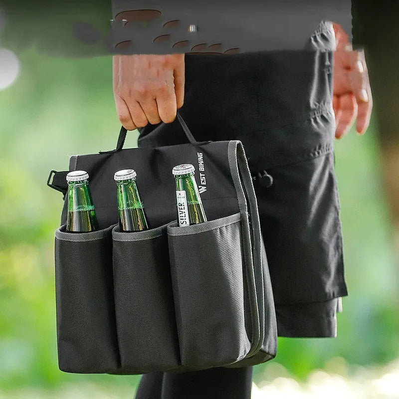 Black bicycle drink storage bag with anti-scratch shelf attached to bike frame