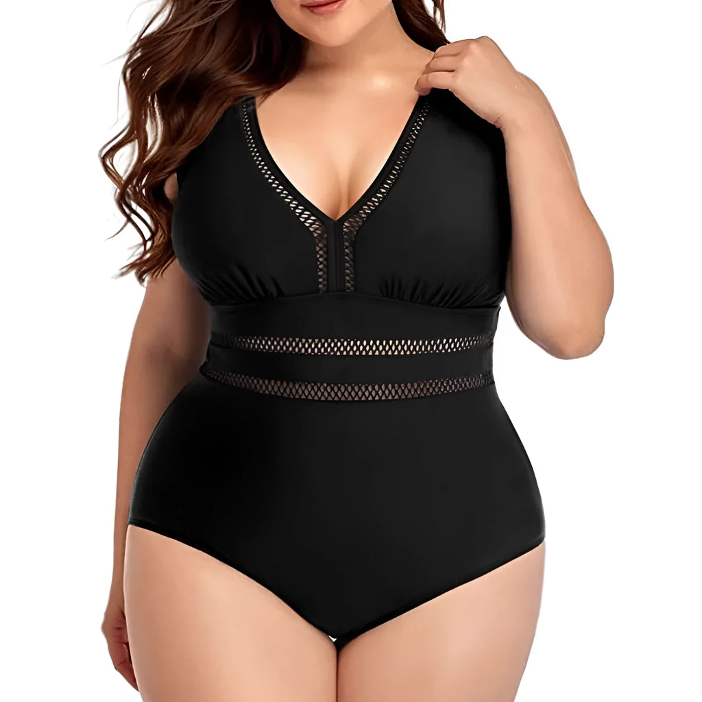 Women's plus size black printed siamese mesh bikini swimsuit sleeveless polyester swimming costume