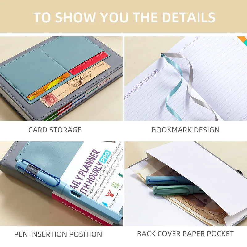 A5 undated notebook with PU leather cover in six colours, open to show flat-lay binding and planning stickers.
