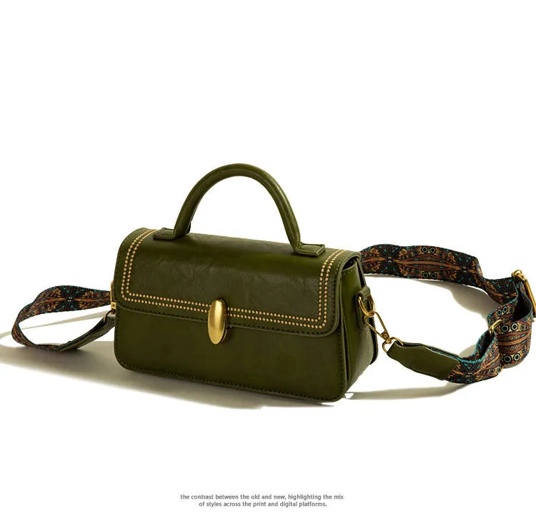 Women's brown retro texture messenger bag showing square vertical shape and sewing thread details