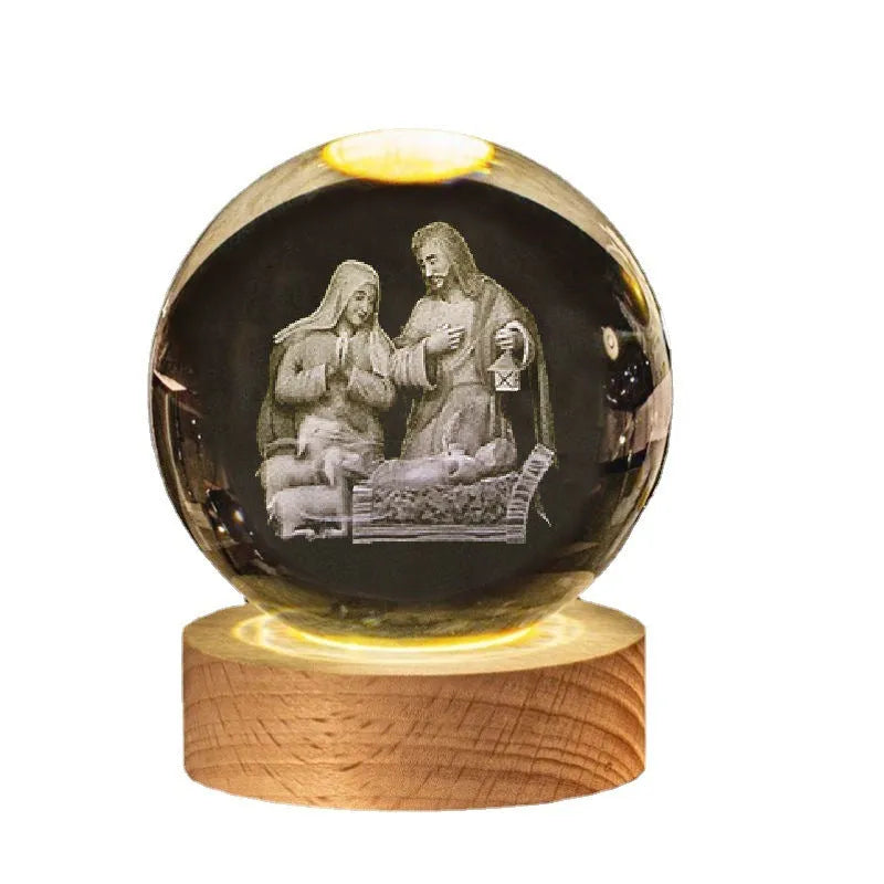 6cm white crystal religious ornament on wooden base with warm lighting