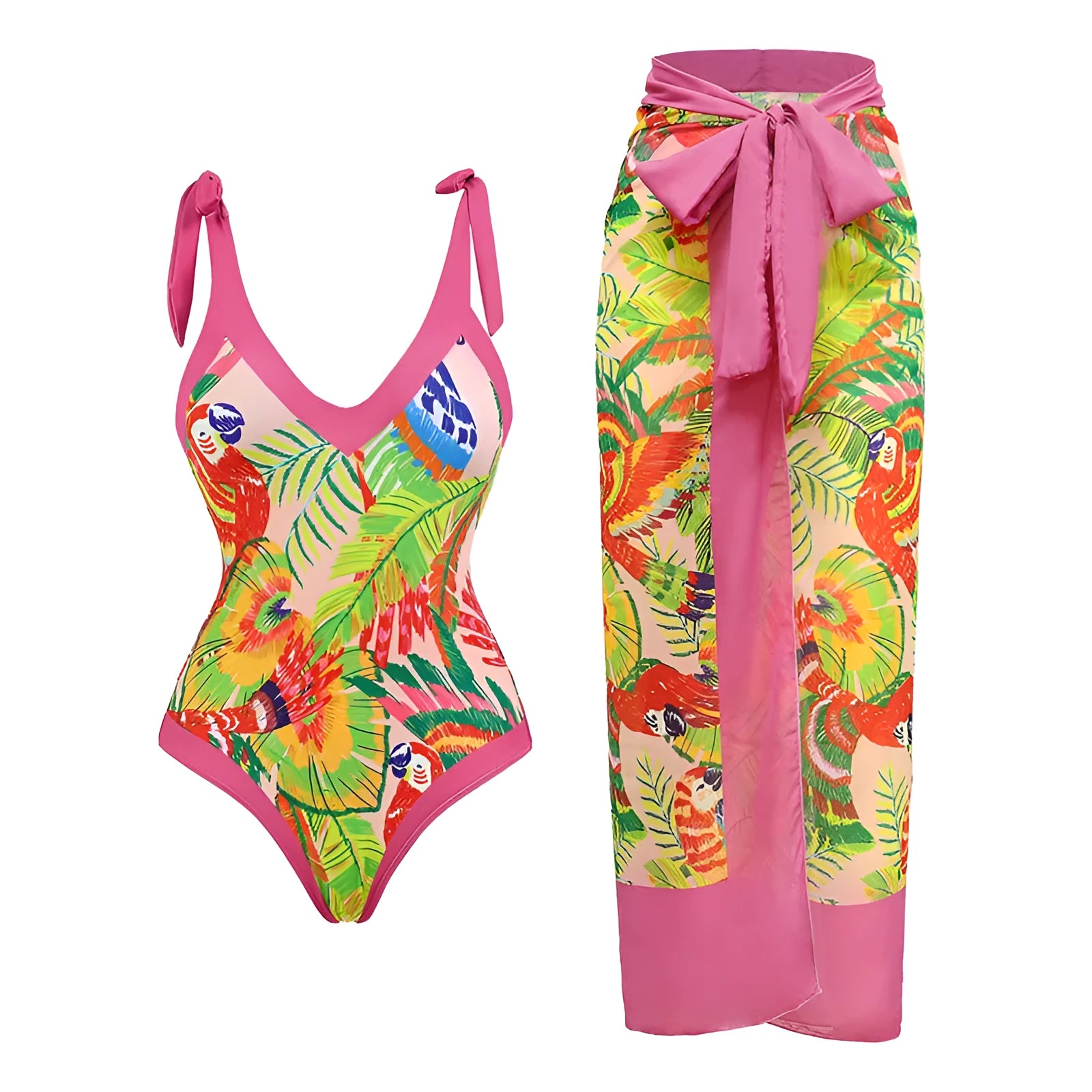 Solid colour women's one-piece swimsuit with spaghetti straps and a matching detachable skirt.