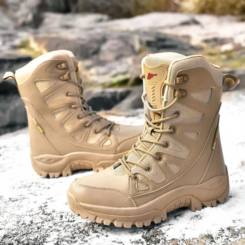 Cowhide leather hi-top hiking platform sneakers in beige, shown on a neutral background.