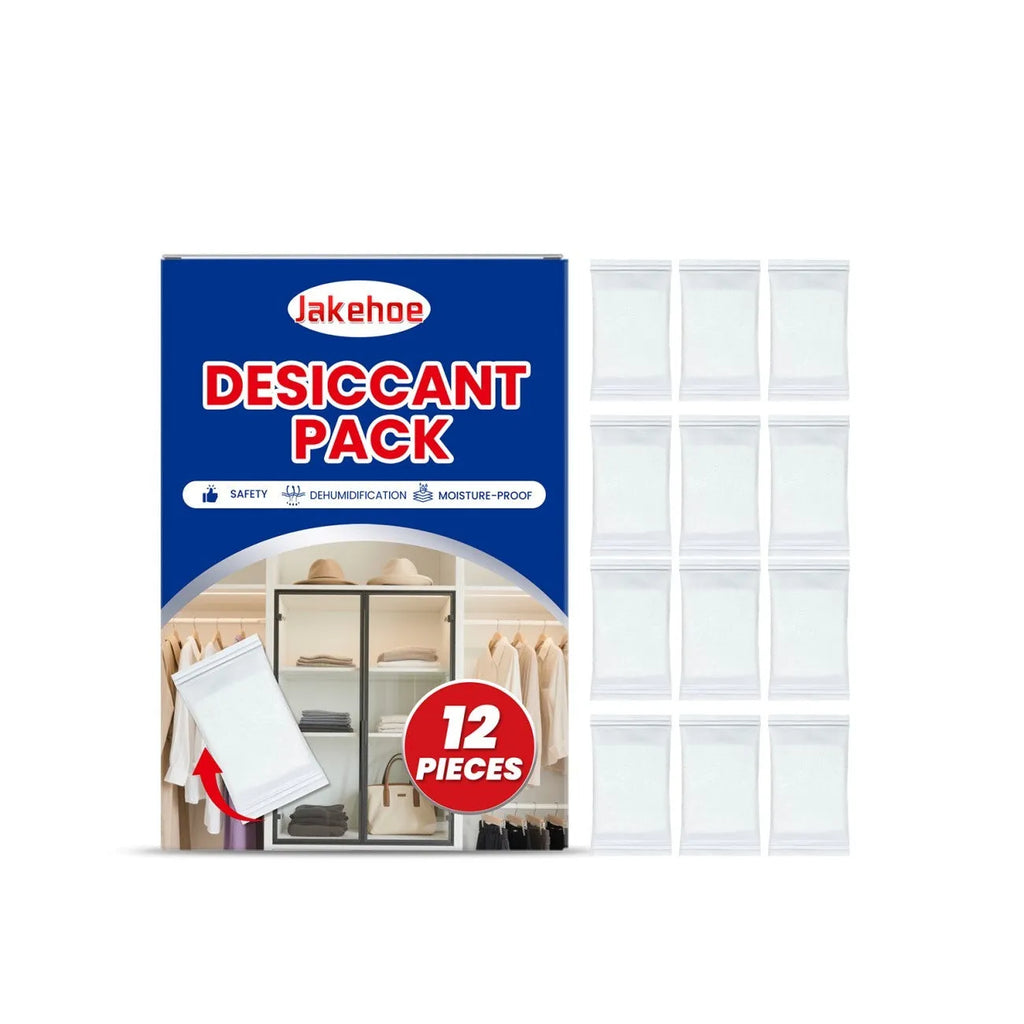 Pack of twelve white calcium chloride desiccant packets for household moisture and odour control.