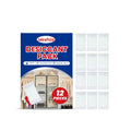 Pack of twelve white calcium chloride desiccant packets for household moisture and odour control.