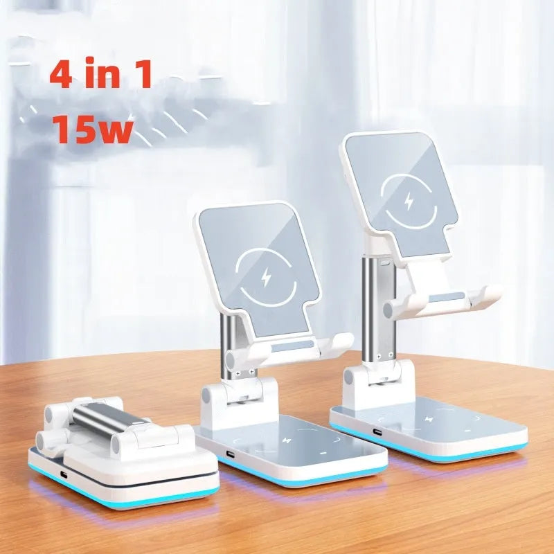Black desktop wireless charging phone stand holding smartphone at viewing angle