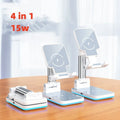 Black desktop wireless charging phone stand holding smartphone at viewing angle