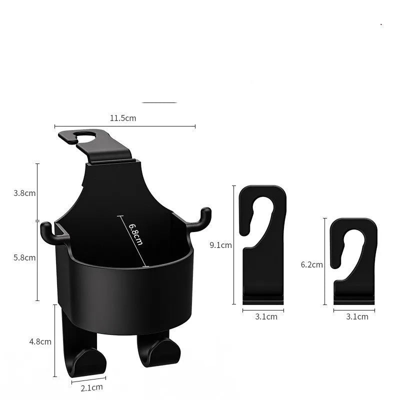 Black plastic car seat back organiser with a cup holder and hook attachments.