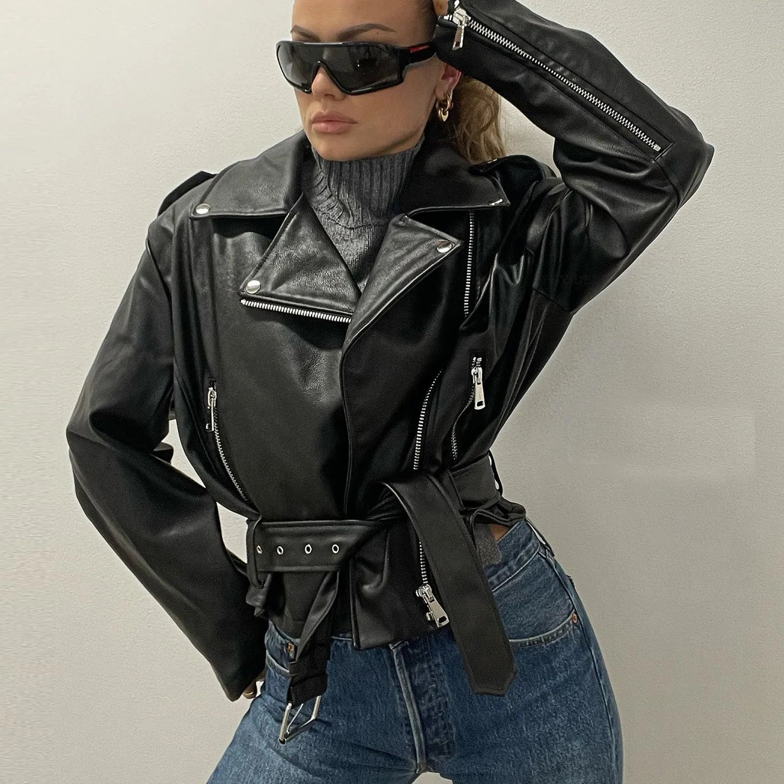 Punk short belt lapel locomotive style jacket in black with Peter Pan collar.