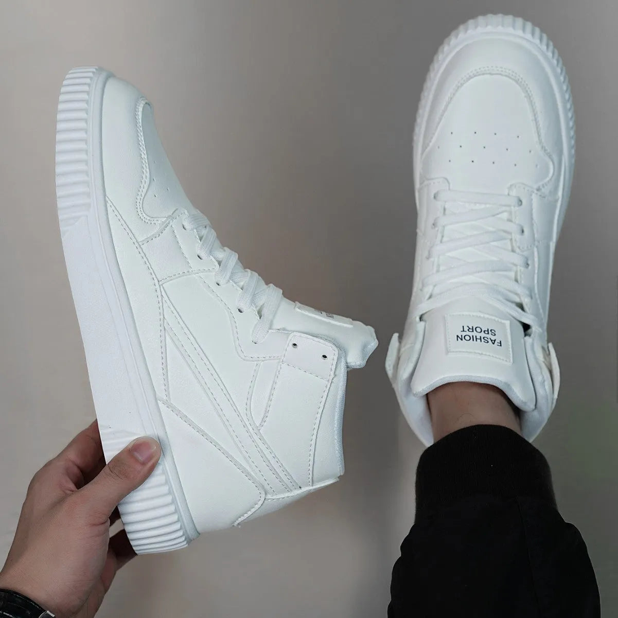 White men's round-toe casual shoes made from microfiber, shown from the side.