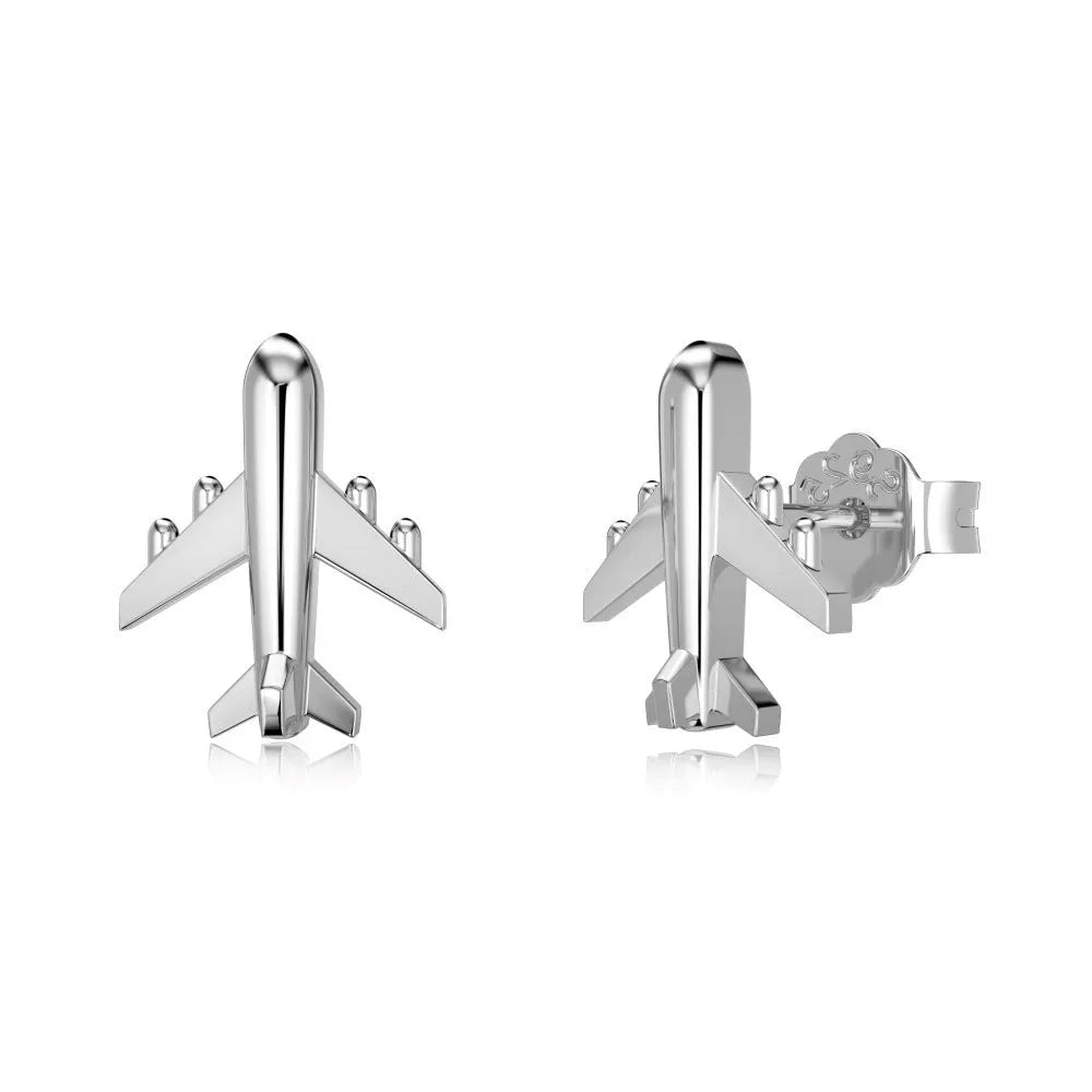 Pair of S925 sterling silver stud earrings with aircraft motif, platinum electroplated finish