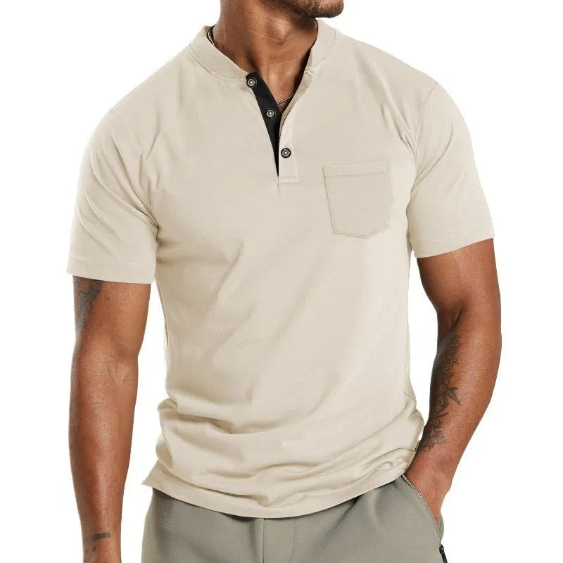 Men's plus size solid colour short sleeve shirt with a button pocket in light grey.