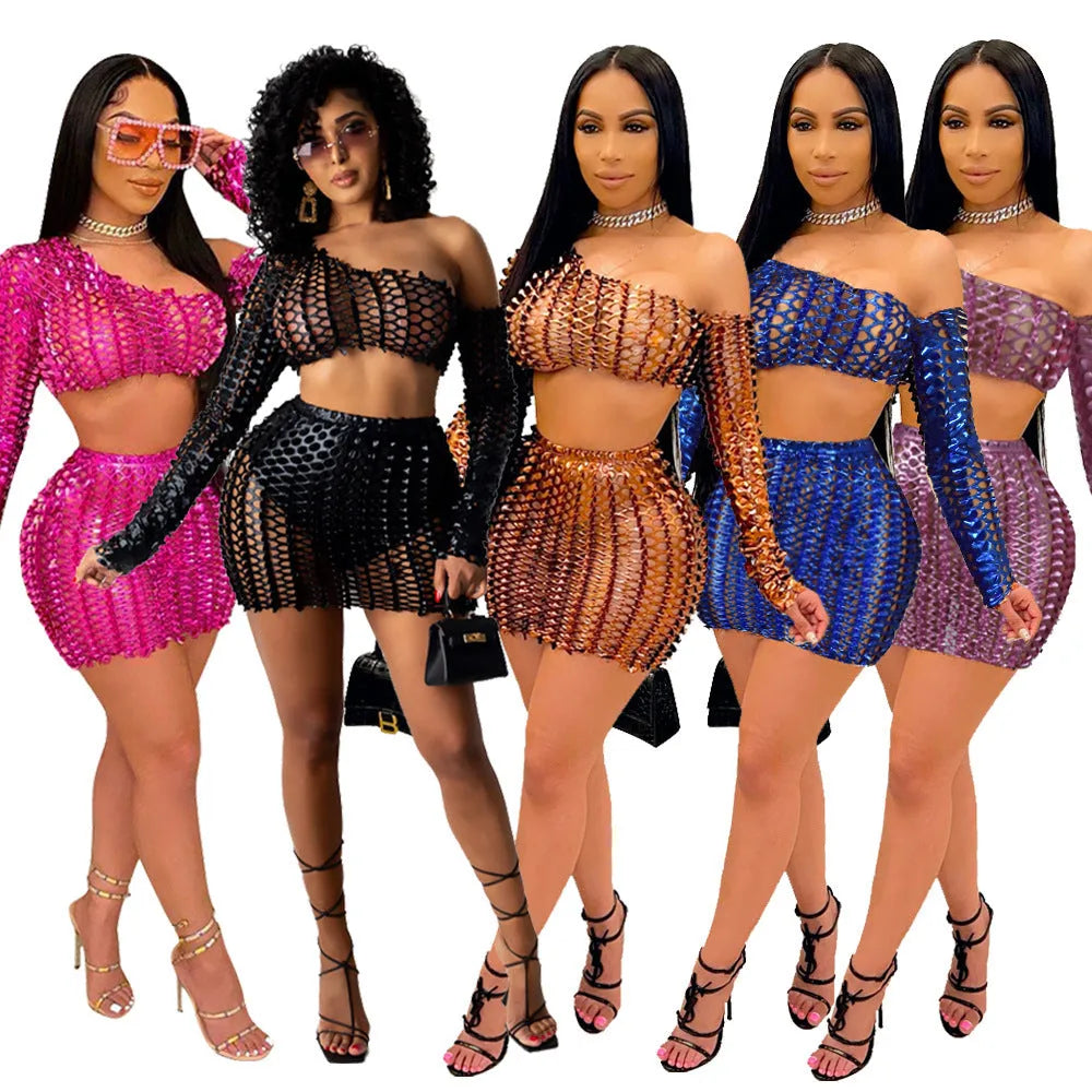 Women's black hollow-out net two-piece dress set with sleeveless top and matching short skirt
