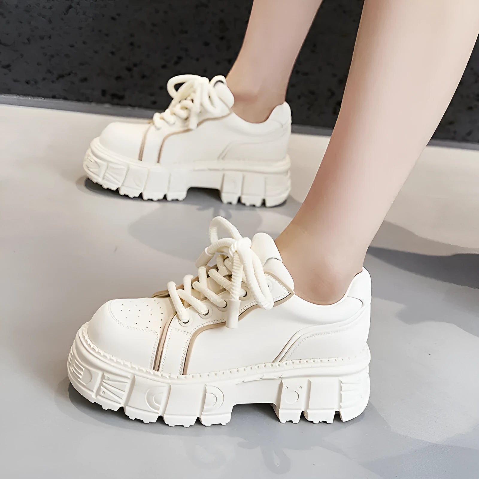 Beige and pink spring casual leather shoes with muffin-bottom soles for height increase