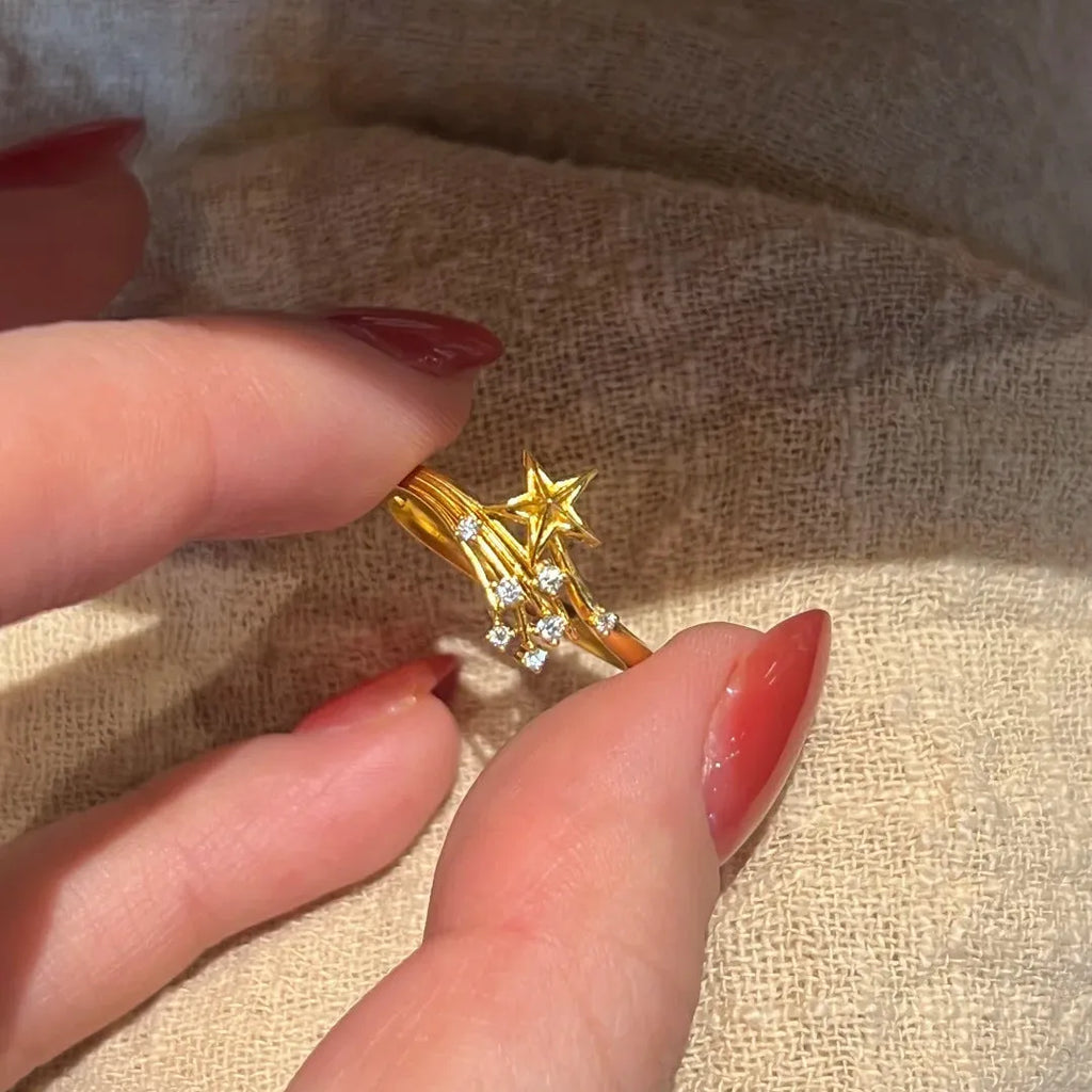 Broken Flame Xingtu ring for women, copper zircon, star shape with meteor shower details