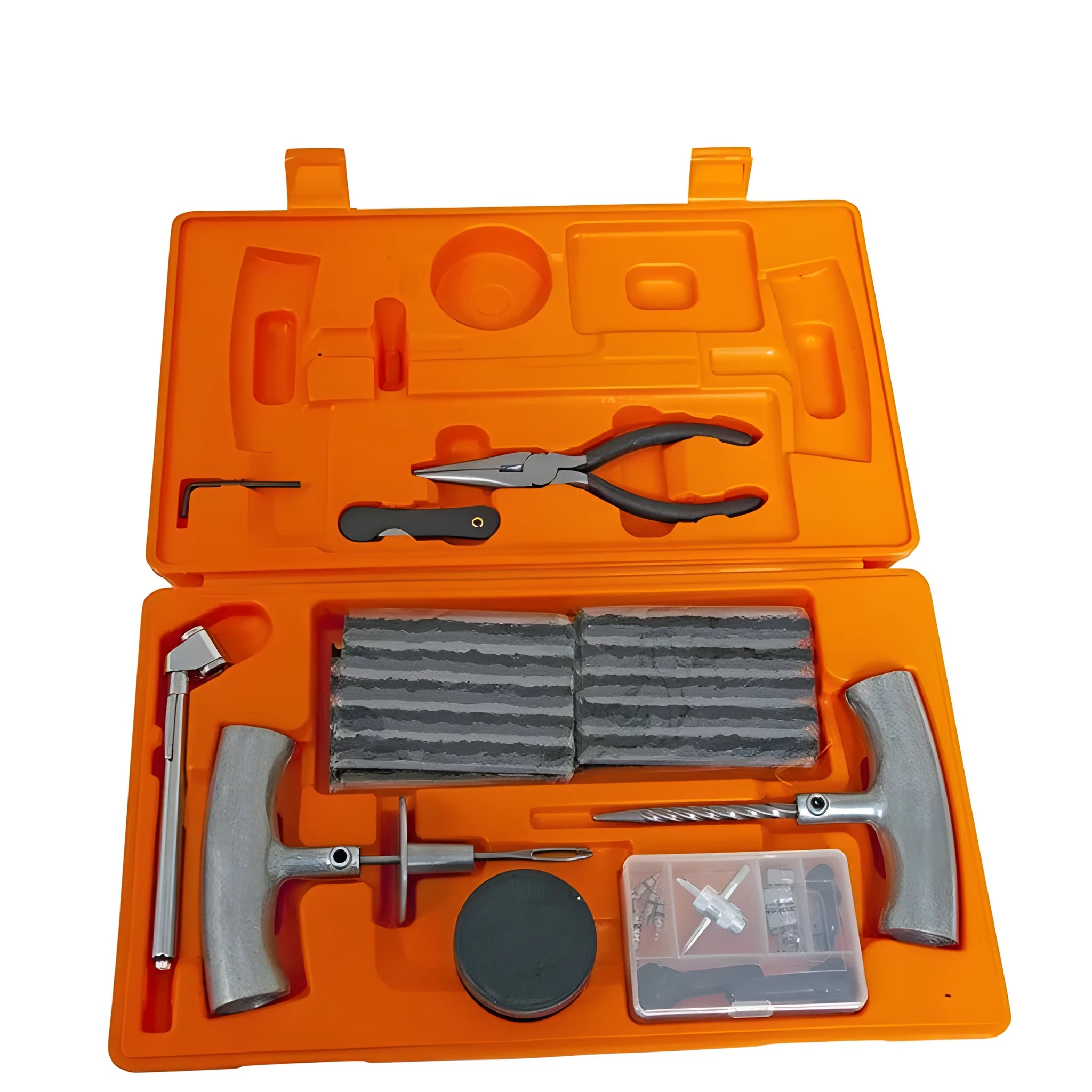 Car tyre repair tool kit with pressure gauge, insertion tool, reamer tool, and rubber strips in high-visibility case