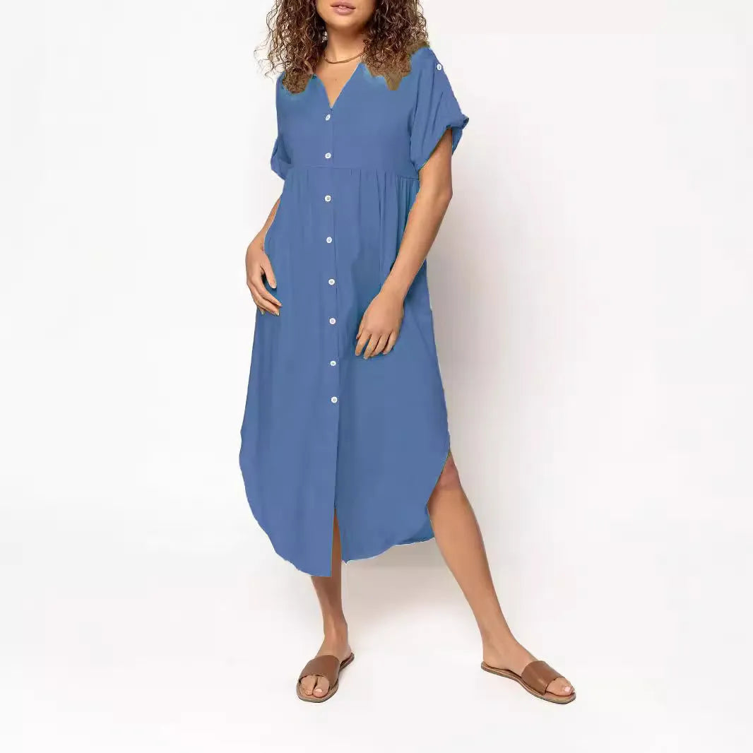 Mid-length casual dress with button front in solid colour, showing loose Japanese Korean fit