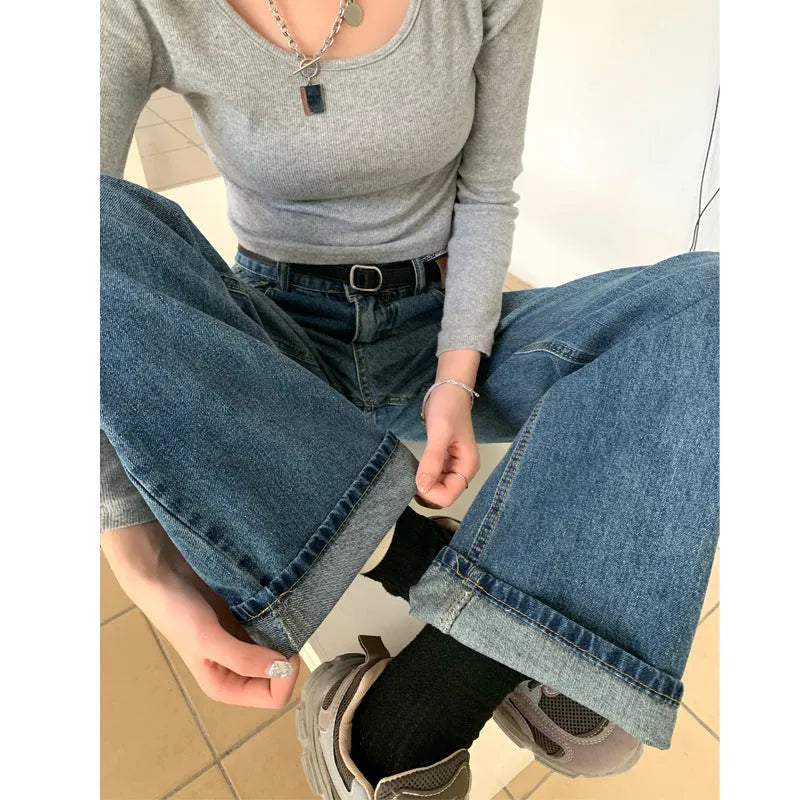 Women's retro blue straight leg jeans with high waist design in medium weight cotton denim