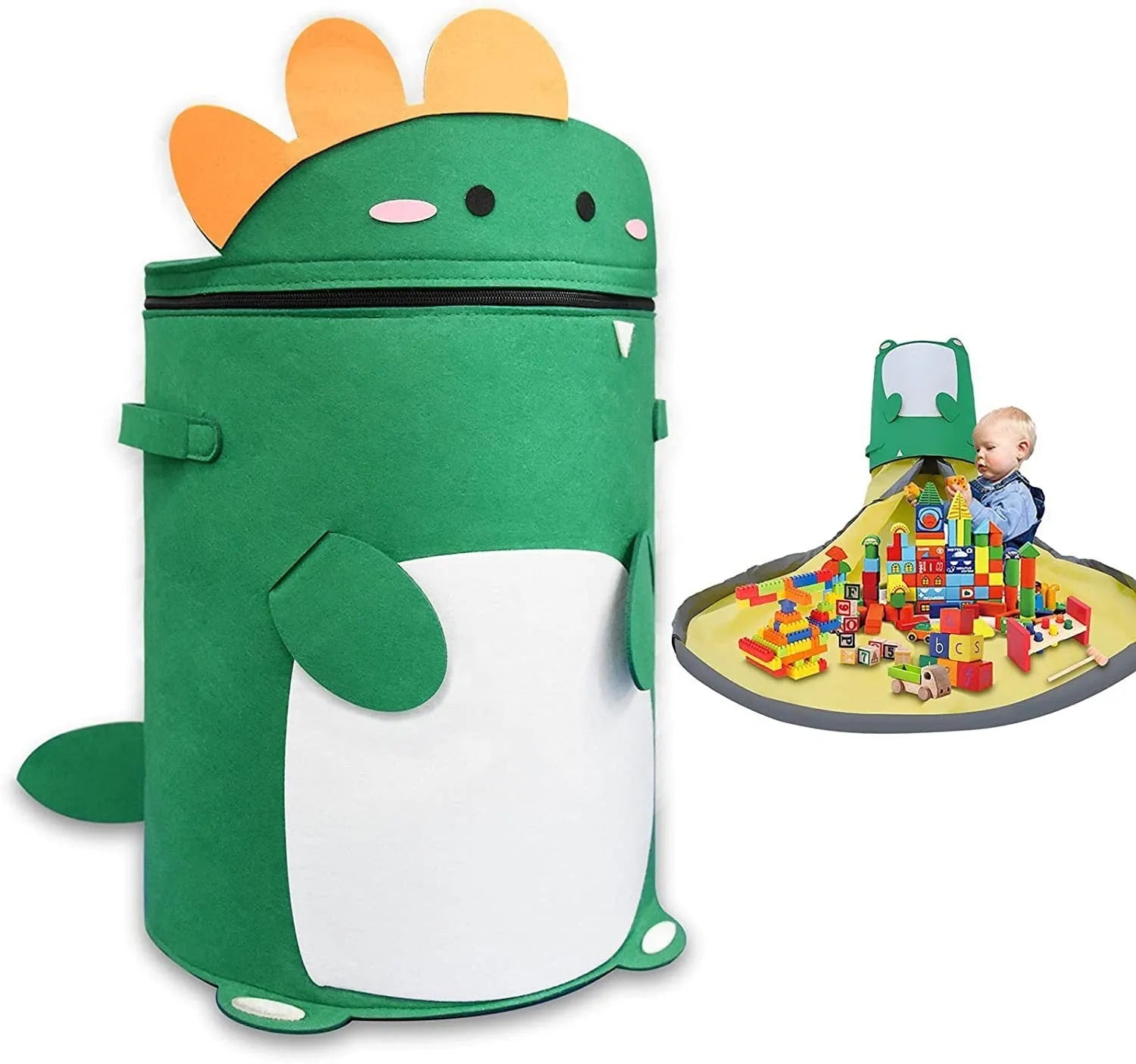Green felt cube storage bag with pull rope, shown both as a closed bag and flattened as a play mat.