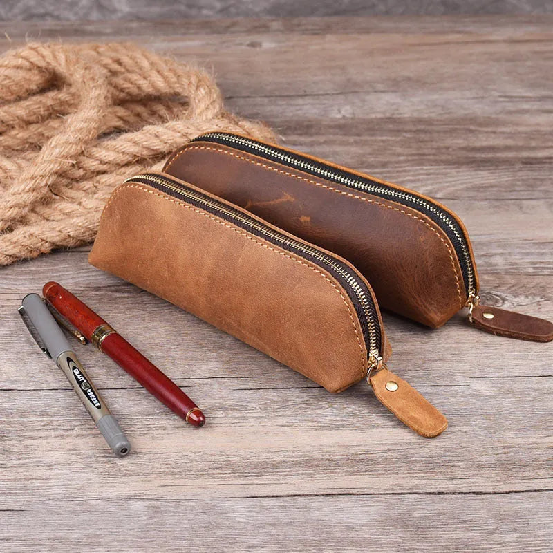 Genuine cowhide leather pencil case with zipper, 18cm long, in black solid colour