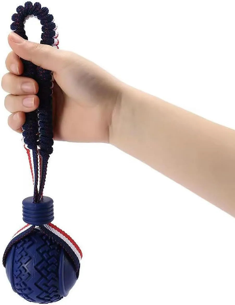 Blue rubber dog ball with natural rope attached for tug and chew play