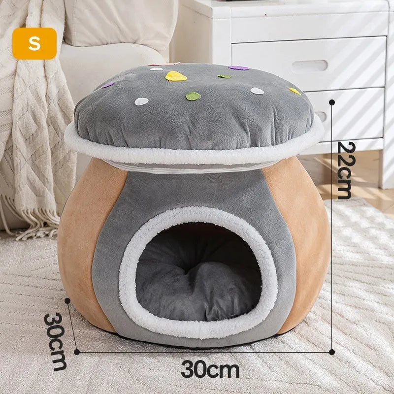 Grey mushroom-shaped plush cat nest bed for indoor cages, shown with a detachable design.