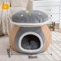 Grey mushroom-shaped plush cat nest bed for indoor cages, shown with a detachable design.