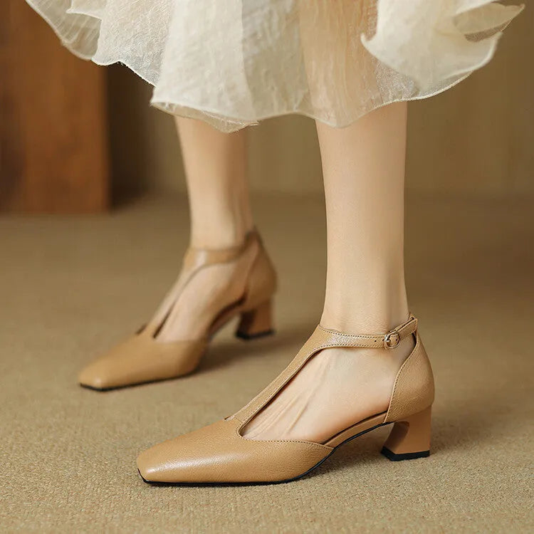 Wine red women's high heels with square toe, chunky heel, buckle fastening, and sheepskin leather upper.