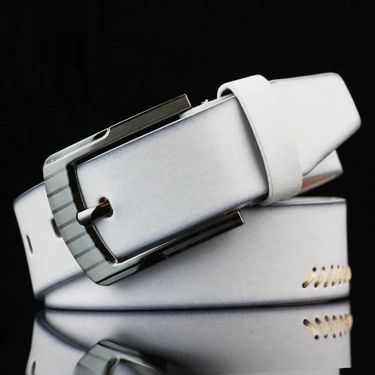 Men's threading pattern pin buckle belt in imitation leather with alloy buckle