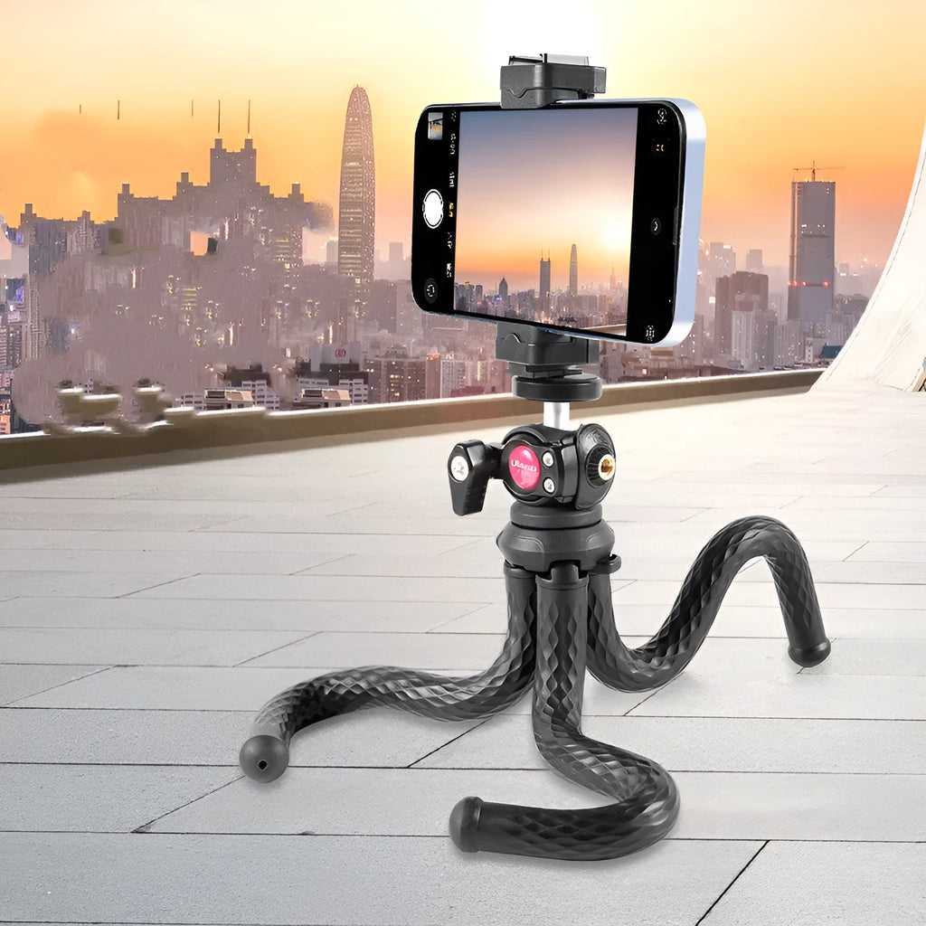 Black octopus leg mobile phone tripod with adjustable height and included phone clip