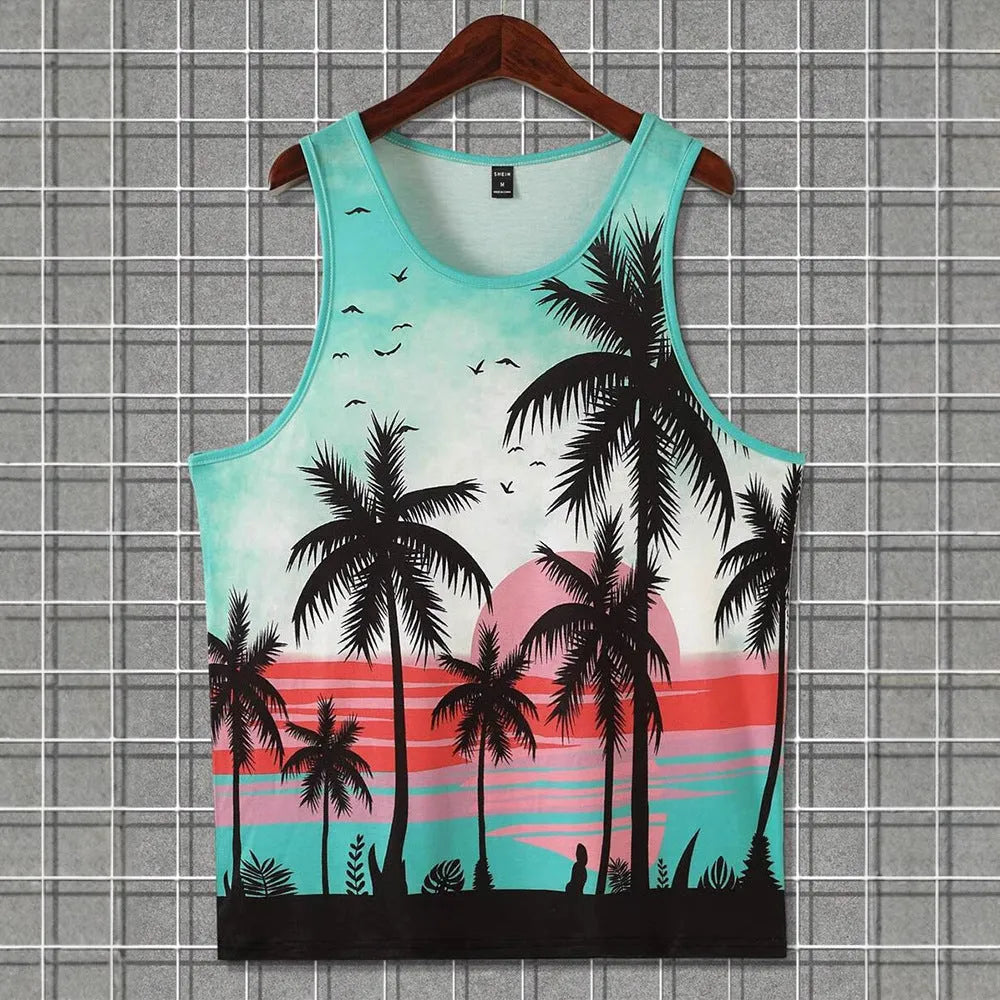 3D printed men's sleeveless Hawaiian style vest in solid colour with tank top design