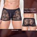 Men's black lace-trimmed nylon boxers laid flat, showing free size fit.