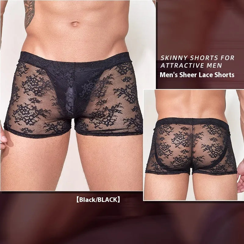 Men's black lace-trimmed nylon boxers laid flat, showing free size fit.
