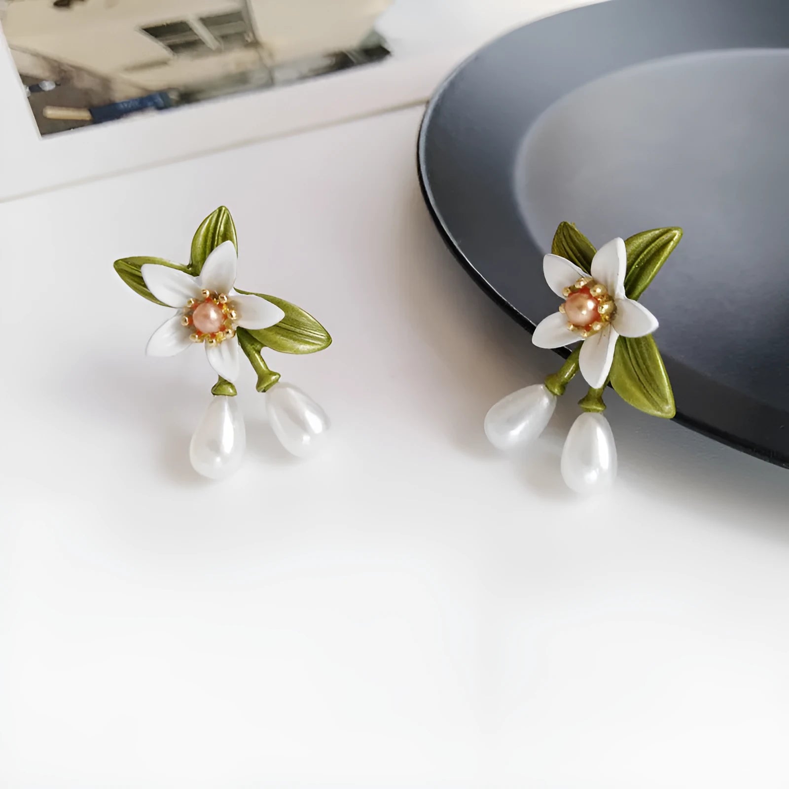 Sterling silver needle flower ear studs and flower ear clip pair alloy earrings set with camellia design