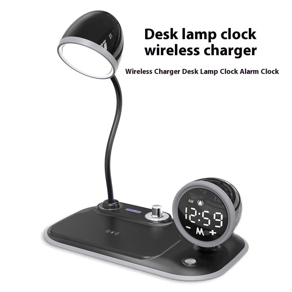 Three-in-one desk lamp with wireless charging pad, digital clock display, and LED lighting in black or white