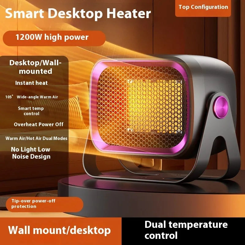 Compact grey desktop heater with rotating design and PTC ceramic heating for small rooms