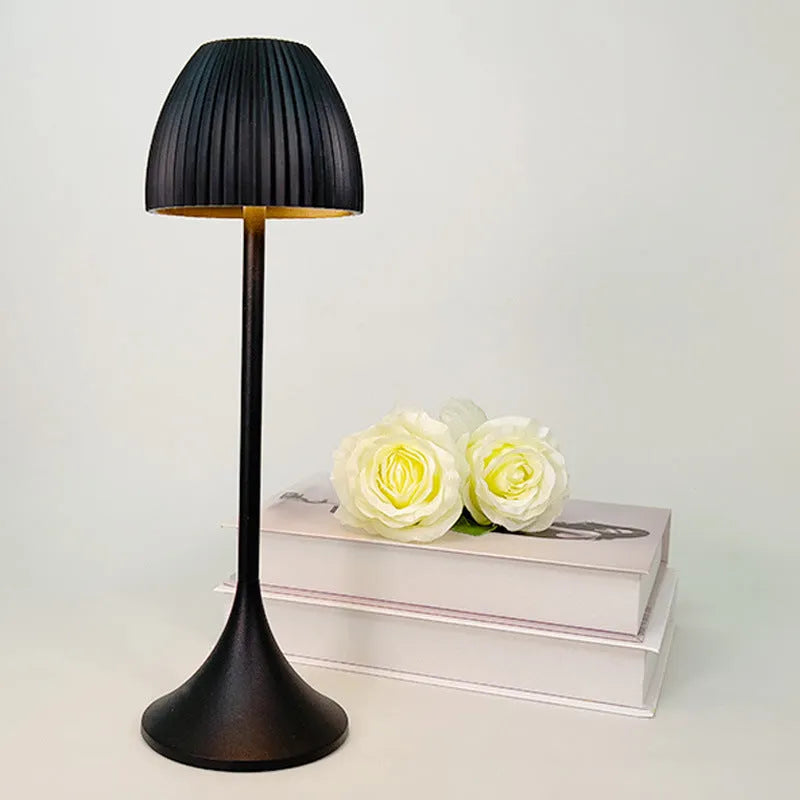Modern dimmable night lamp with thin round base in black or white, USB rechargeable for bedroom and dining room