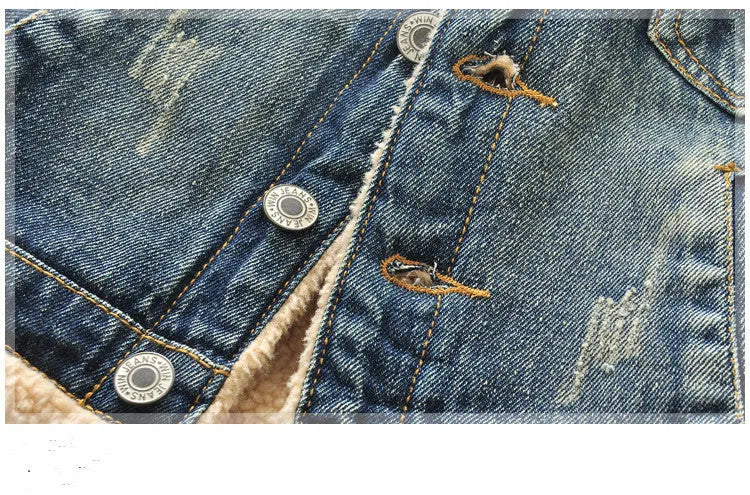 Children's thickened Korean style fur collar denim jacket with square collar in denim colour on model