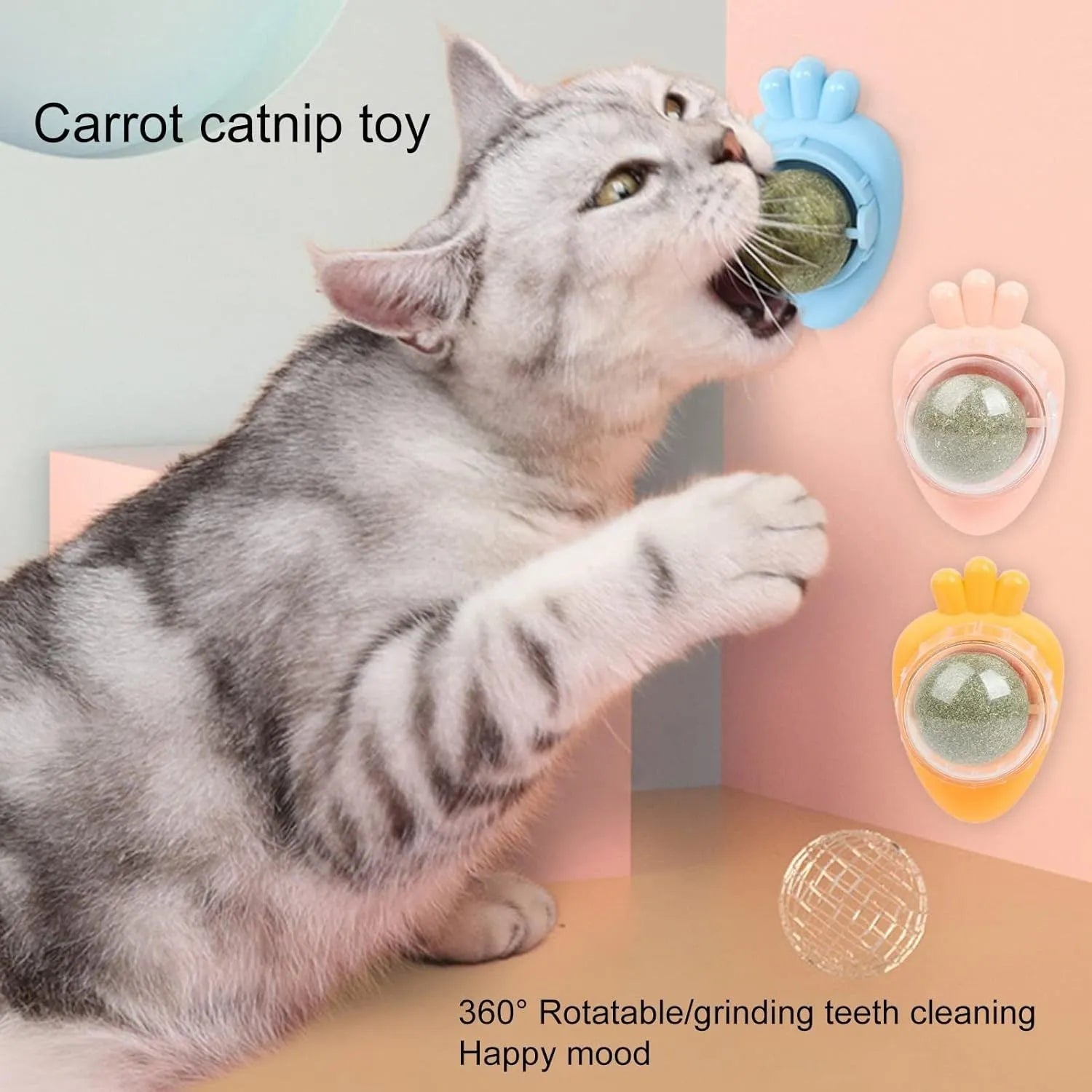Blue carrot-shaped catnip toy with self-adhesive wall sticker for cat teeth cleaning