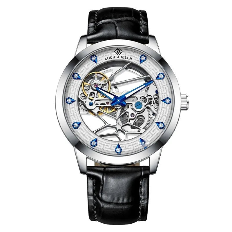Men's silver case mechanical watch with white dial, blue hands, black leather strap, and butterfly buckle