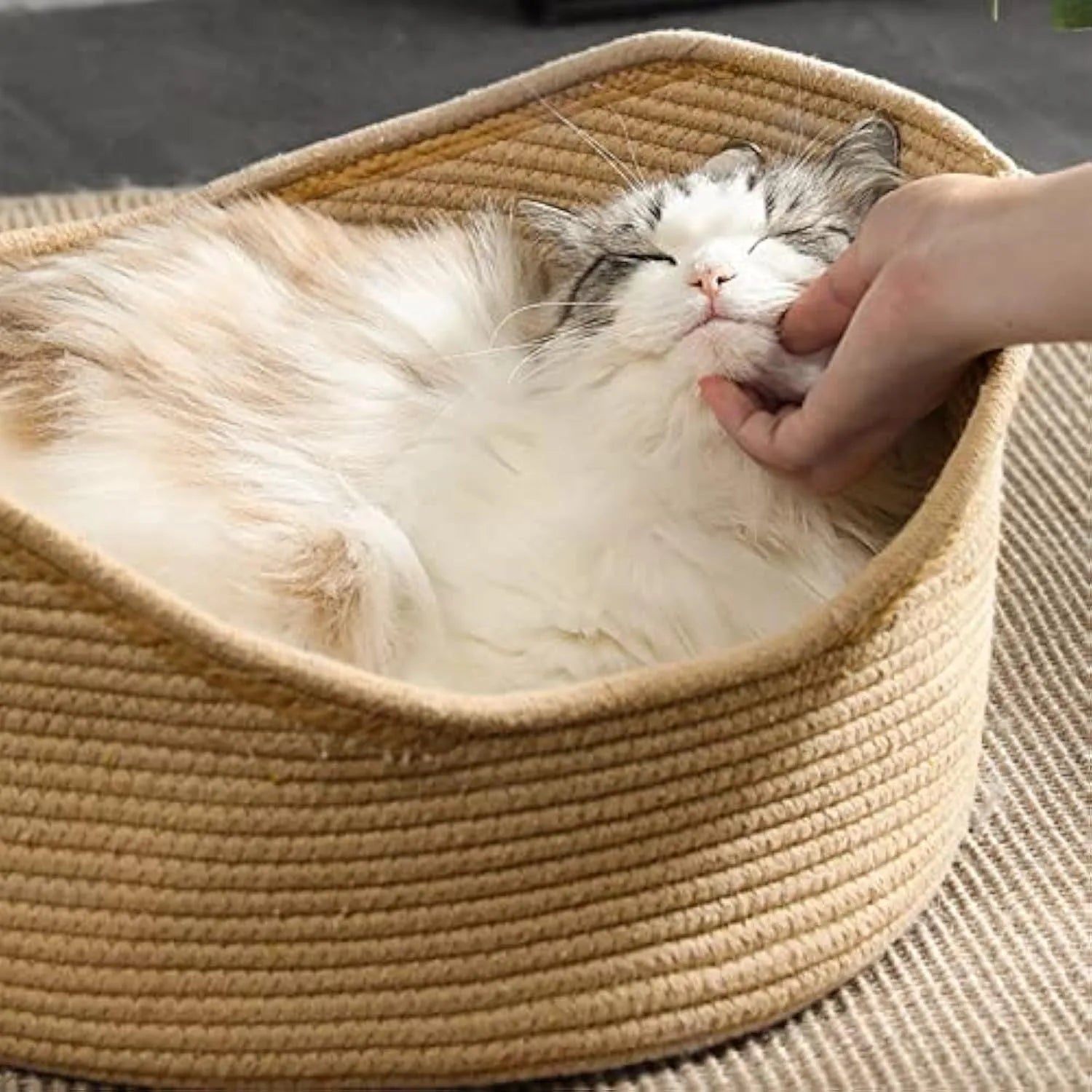 Square wicker cat basket bed with integrated corrugated cardboard scratching panel