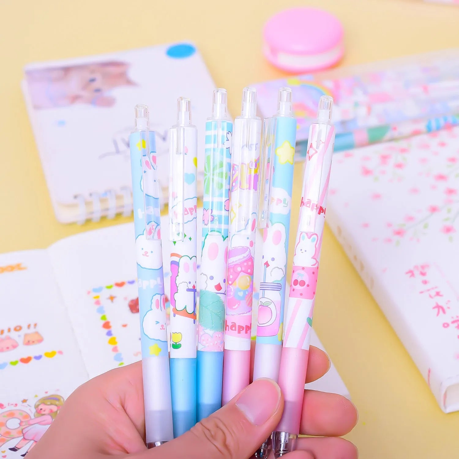 Six bunny cartoon design black ink pens with 0.5mm tips in packaging