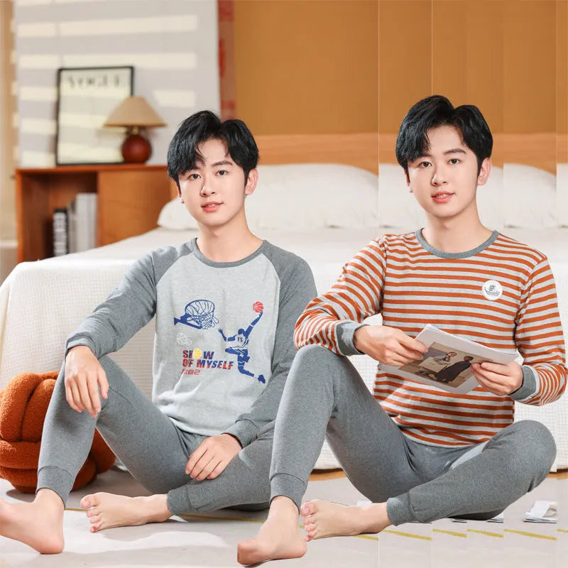 Cotton children's pyjama set top and trousers, blue screen cat pattern, suitable for boys and teens 130-177cm