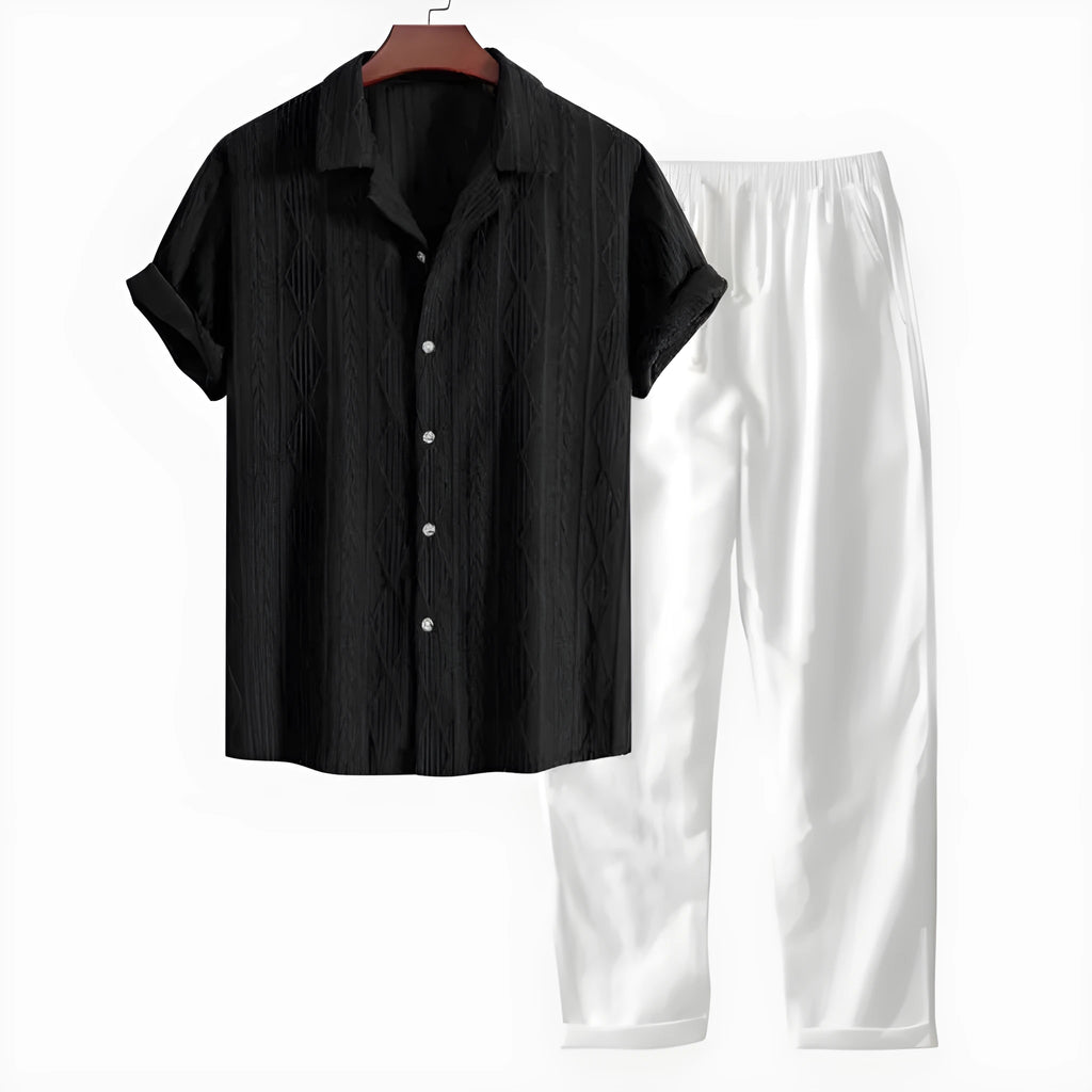 Men's slim fit camouflage print short sleeve cardigan shirt and matching trousers casual set