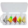 Metal fishing lure with rotating sequins and copper bell in multiple colour options including yellow green and gold mesh